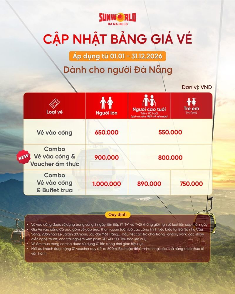 Giá vé Bà Nà 2026 cập nhật cho người Đà Nẵng