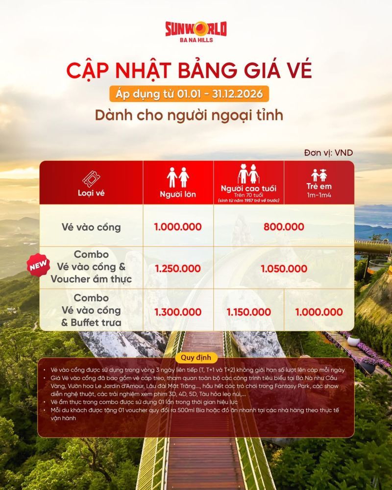 Giá vé Bà Nà 2026 cho người ngoại tiunhr