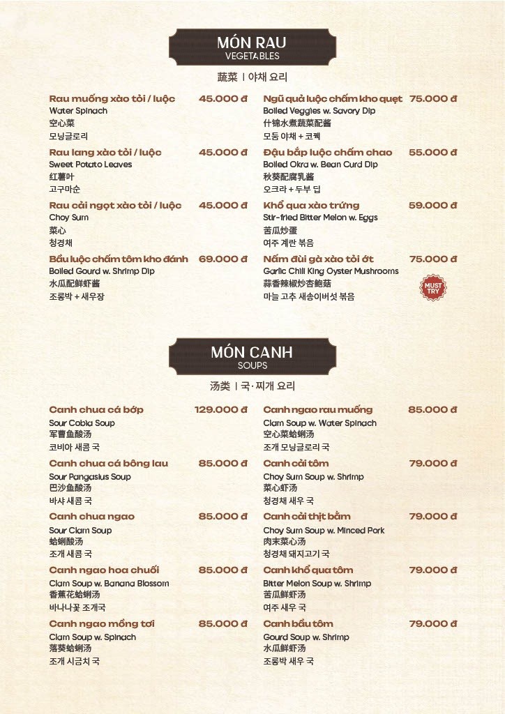 Menu Bếp An Hải - các món ăn dùng chung tại Đà Nẵng