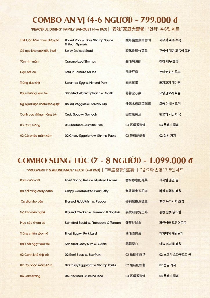 Menu Bếp An Hải - mâm cơm cho gia đình và nhóm đông